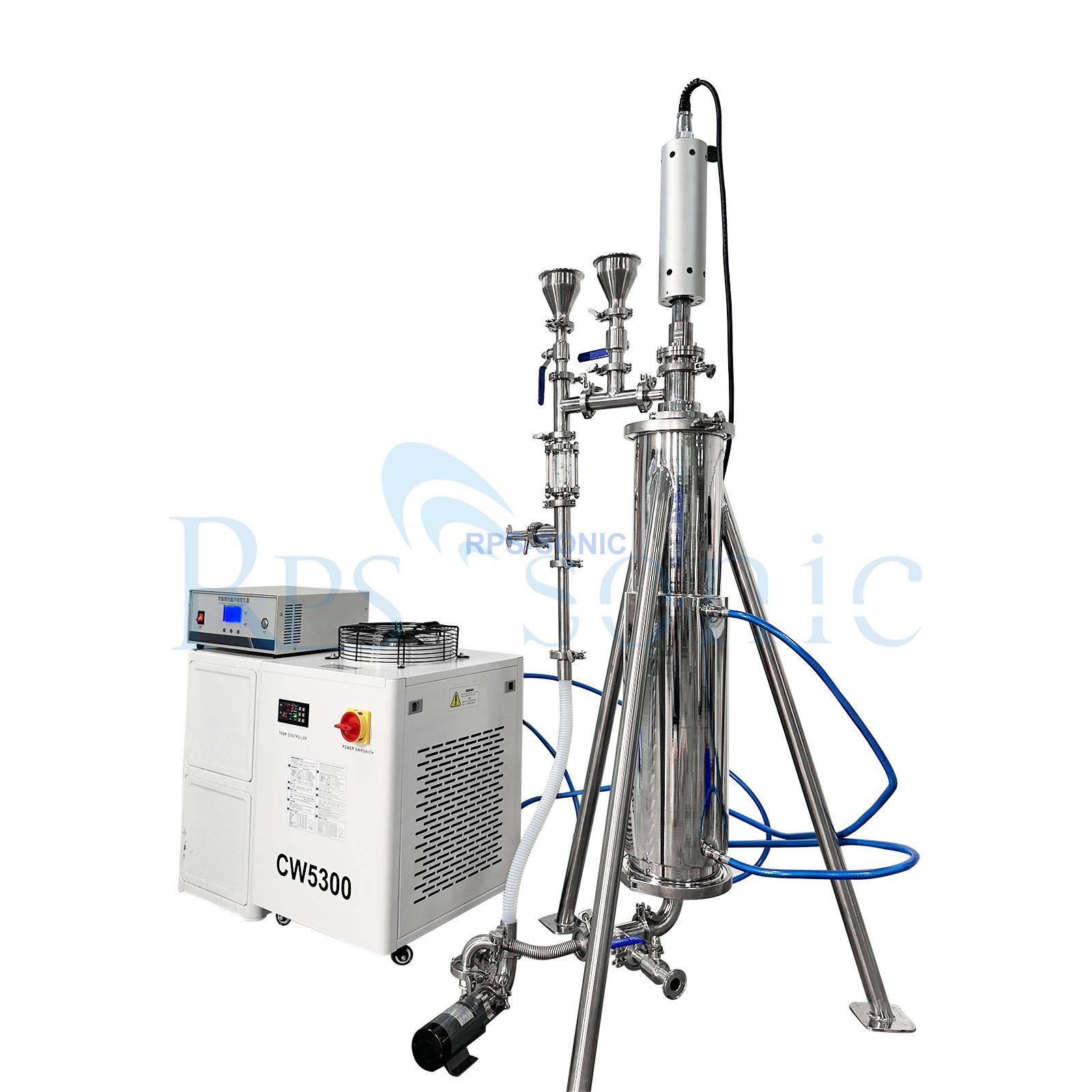 Máquina homogeneizadora ultrassônica de alta potência em tanque de 20L para emulsificação óleo-água com resfriador